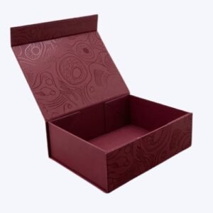 Premium maroon flap box packaging wholesale shown open with custom gloss line art details